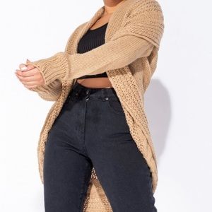 Chunky Cable Knit Shawl Collar Longline Cardigan Camel